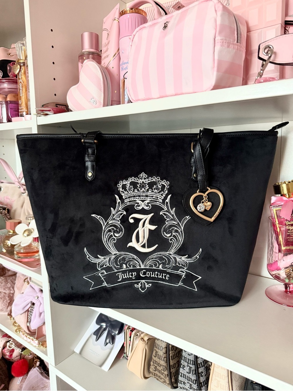 Juicy Couture “Need More Juicy” Black Velour Tote Bag with Heart Charm